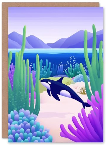 Artery8 Greeting Card Orca Whale Coastal Coral Reef Underwater Scene Blank For Him Or Her Art Birthday Card