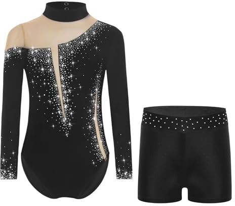 Oyolan Trikådräkt för barn, flickor, långärmad med shorts och strass, glänsande gymnastikdräkt, dans, gymnastik, skridskoåkning, framträdanden, 5–16 år