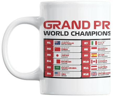 Grand Prix 2025 Saison Rennkalender Tasse - Grand Prix Kalender 2025 Formel 1 - Grand Prix Geschenke für Männer und Frauen - Geschenkideen für Sie & Ihn - Kaffee und Tee Tasse