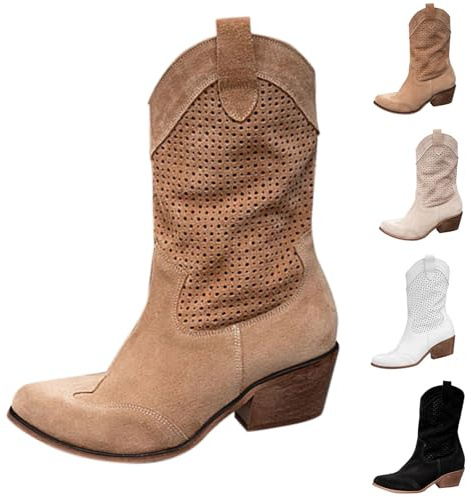 Gyaimxfu Bottines de cowboy pour femme - En daim - Bottes basses à enfiler - Bottes courtes de transition - Talon bloc - Bottines mi-hautes pour femme