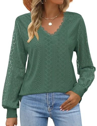 Elesomo Ladies Tops V Neck T Shirts Long Sleeve Blouses Lace Tshirts Casual Loose Plain Tees, Sage Green XL