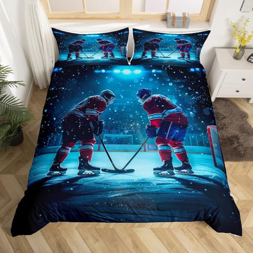 Homewish Schnee Winter Blau Weiß Schwarz Eishockey Bettwäsche Set 135x200 | Sportspiele Bettbezug Kinder Erwachsene Hockeyspieler Tröster Abdeckung Warm Weich Bett Set