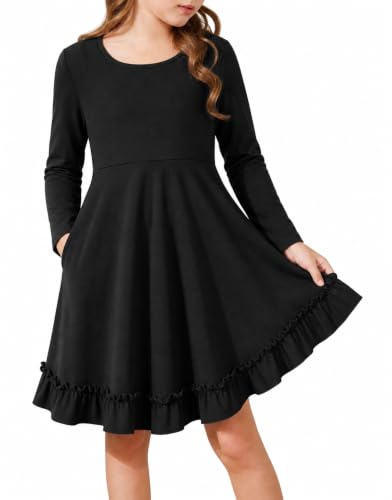 JiAmy Girls Dresses Long Sleeve Cotton Dress with Pocket for 4-12 Years | 4-12 Years, 65% polyester 30% cotton 5% elastane; round neck, layered frill hem, side pockets for school party casual wear
