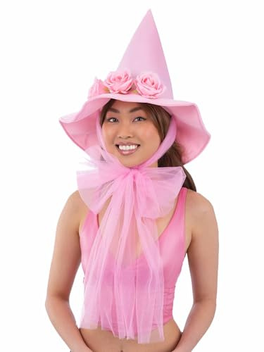 Smiffys Pink Floral Good Witch Hat with Mesh Bow Halloween Fancy Dress Costume Accessory for Girls and Women Cute Witch Outfit