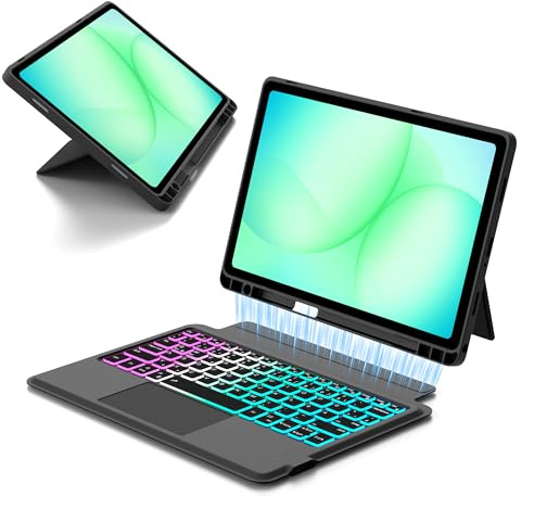 ROOFEI für Samsung Galaxy Tab A11+ Plus/A9+ Plus 11 Zoll Hülle mit Tastatur QWERTZ : Abnehmbare Tastatur mit Touchpad - Regenbogen-Beleuchtung Kabellose Tastatur Hülle mit S-Pen Halter, Schwarz