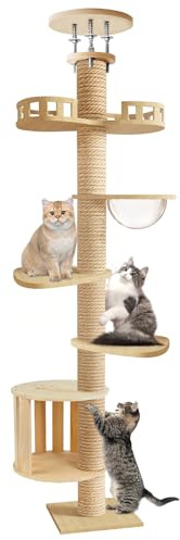 Arbre a Chat du Sol au Plafond, Arbre à Chat de Hauteur Réglable de 2,95 à 3,1 m, Griffoir pour Chats avec Tour à 6 Niveaux avec 7 Poteaux à Griffer en Sisal, Grand Cat Tree (Jaune-A)