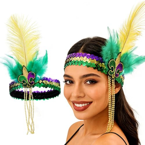 IYOU Bandeau Mardi Gras Plumes Serre Tete Jaune Flapper Coiffe Carnaval Accessoires pour cheveux pour femmes