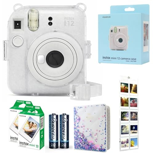 Fujifilm INSTAX Mini 12 Camera Clay White id Bundle – Includes Mini 12 White Camera, 20-Shot INSTAX Mini Film, Clear Glitter Camera Case, Photo Album & Hanging Wall Photo Display