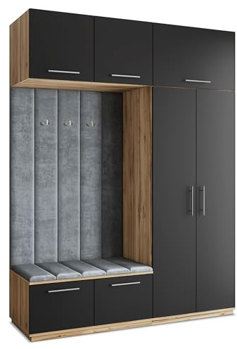 Masseno Flugarderoben Set Rema, Kleiderschrank-Set mit Sitzbank, Garderobenschrank Flur mit 5 Regalböden, Eiche Wotan/Schwarz
