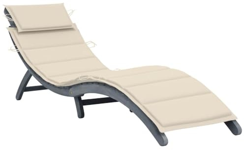 kithwjll Sedia a sdraio in legno di acacia massiccio con cuscino grigio, pieghevole e resistente alle intemperie, comoda sedia a sdraio per giardino, terrazza e sauna, lettino relax con cuscino