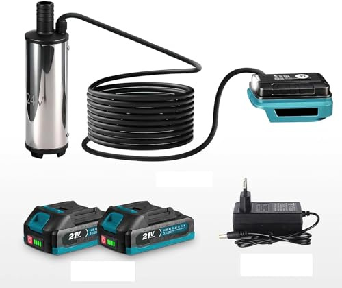 Pompa ad acqua a batteria, pompa sommersa a batteria – 60W, 18-21V batteria (2×1500mAh), altezza di sollevamento 3-5 m, portata 50-80 l/min – portatile per diesel, cherosene, olio motore, acqua, alcol