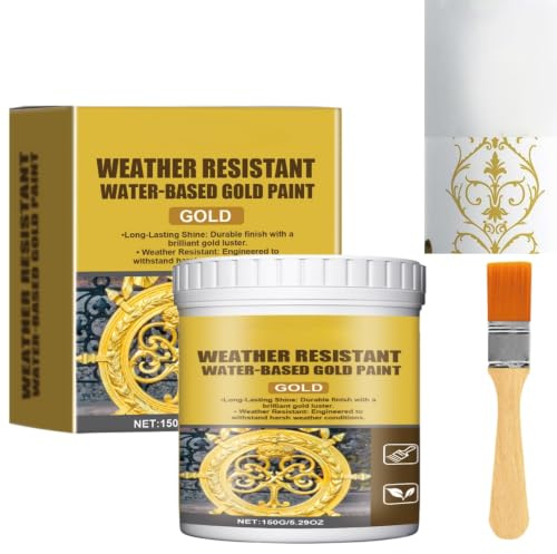 Weather Resistant Water-Based Gold Paint with Brush,Metallic Gold Paint | Multi Surface Paint,Gold Leaf Antique Gold Paint for Metal Wood Plastic Stone,Weatherproof Paint for Craft Furniture