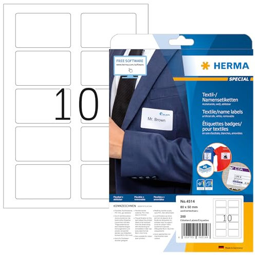 HERMA 4514 Namensetiketten ablösbar, 20 Blatt, 80 x 50 mm, 10 pro A4 Bogen, 200 Stück, selbstklebend, bedruckbar, rückstandsfrei abziehbare Acetatseide Namensaufkleber Etiketten, weiß
