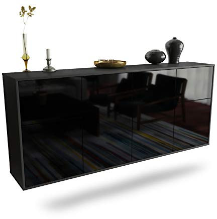 Dekati Sideboard Costa Mesa hängend (180x77x35cm) Korpus anthrazit matt - Front Hochglanz Schwarz - Push to Open