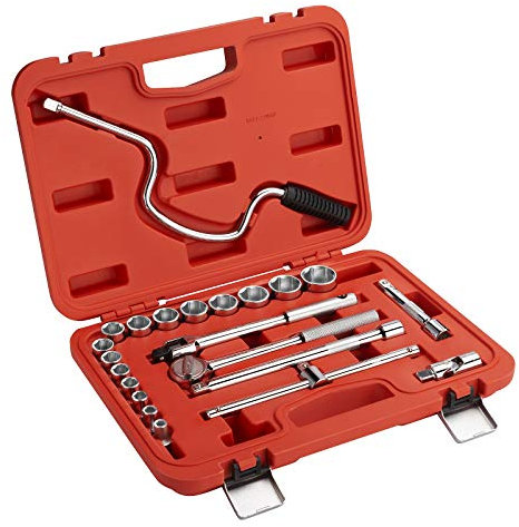 22Pcs 1, 2 Inch Drive Socket Set Includes Standard Sockets, Ratchet Handle, Speeding Handle, Universal Joint, Sliding THandle, Hinge Handle, Extension Bars With Carry Case, 6-Point, Cr-V, Sae