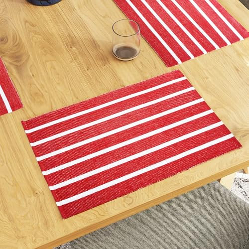 Encasa XO Platzsets Esstisch Set von 6 | Roma rote Streifen | Fein gerippte Baumwoll-Tischunterlage | Größe 48x32 cm | Maschinenwaschbar