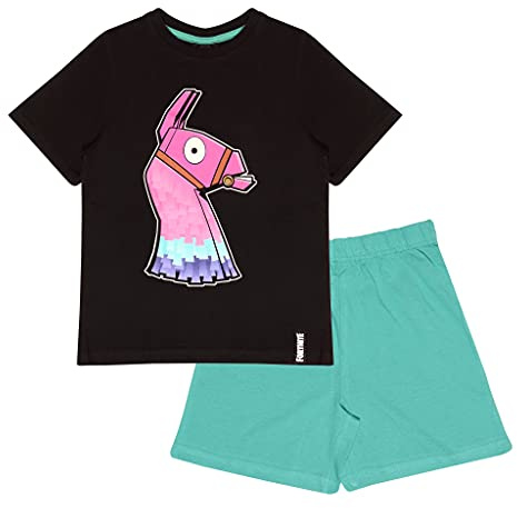 Fortnite Im Dunkeln leuchten Jungen Short Pyjama Set Schwarz/Teal 134 | PS4 PS5 Xbox Gamer Geschenke, Schule Jungen PJs, Kinderkleidung, Kindergeburtstags-Geschenk-Idee