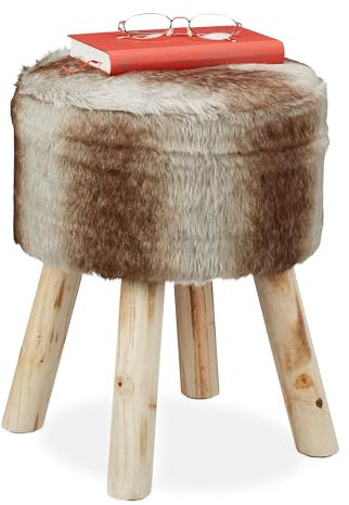 Relaxdays Fellhocker, Deko Hocker Kunstfell, Sitzhocker mit Holzbeinen, rund, rustikal, H x D: 42 x 33 cm, grau/braun, 1 Stück