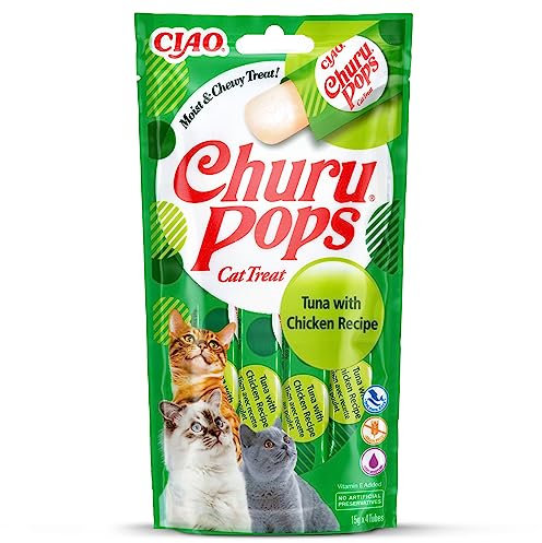 INABA Churu Pops Reich an Hühnerfleisch & Thunfisch Katzenleckerlis | Getreidefrei, Zuckerfrei, Keine Nebenerzeugnisse, 88% Feuchtigkeit, nur 7 kcal pro Tube, Premium Katzensnacks 60 g (1er Pack)