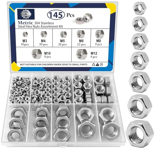 ZQZ 145 PCS Assorted Stainless Steel Hex Nuts Assortment Kit M3 M4 M5 M6 M8 M10 M12 Metric Hex Nut Set Hardware
