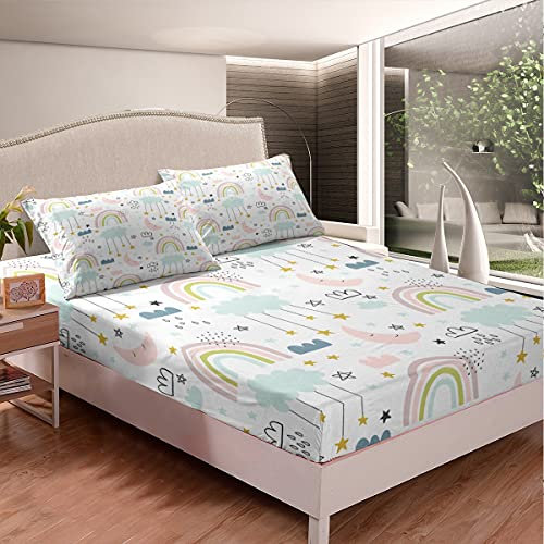 Homemissing Karikatur Mond und Sterne gedruckt Spannbettlaken 140x200cm Boho Exotisch Dekor Spannbetttuch für Kinder Jungen Süße Wolken und Regenbogen Bettlaken Set Galaxis Schön Zimmer Dekor 2St