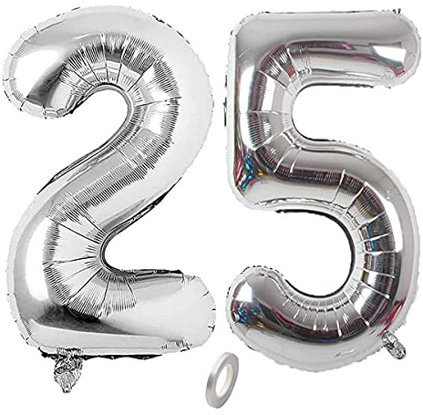 Jrzyhi Ballons Zahlen Luftballon 25.Geburtstag Silber Riesen Folienballon Zahl 25 Helium Nummer Große XXLNummer 25.Happy Birthday 25Jahre Riesenzahl Ballons für Geburtstag, Hochzeit Party Deko 32zoll
