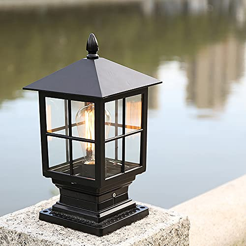 Mengjay Trade Lámpara de poste Patio Retro de vidrio y aluminio Lámpara de columna E27 exterior Puertas de valla de patio antióxido LED Luz de poste impermeable IP23 Villa Jardín Decora (Black)