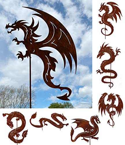 Gartenfigur Drache fliegend 63x45cm + Stab Gartenstecker Edelrost Gartendeko Wetterfest Rost Metall Rostfigur Drachen Figur Dragon von Steinfigurenwelt