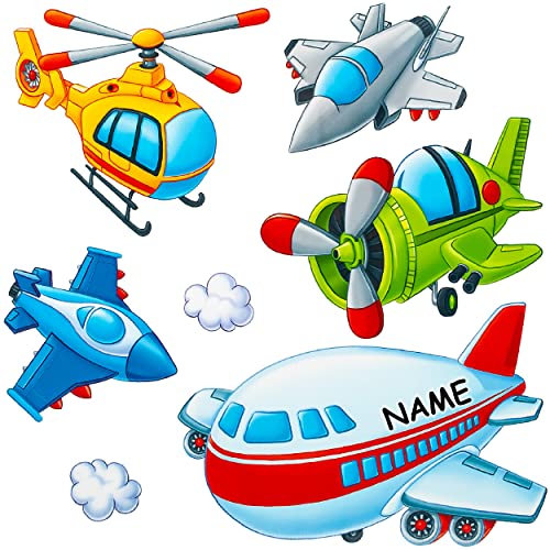 alles-meine.de GmbH Wandsticker Motivwahl Erwachsene & Kinder - 7 TLG. Set - Flugzeug - Helikopter & Hubschrauber - inkl. Name - selbstklebend + wiederverwendbar - Wandtattoo..