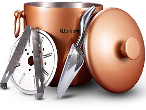 Eiskübel mit Deckel, Schaufel, Zange und Sieb – gut verarbeiteter isolierter Edelstahl hält EIS länger gefroren, ideal für Cocktail-Bar, Partys, Chilling Wein, Champagner – 3 Liter (Kupfer)