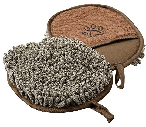 KAHU Hundehandschuh aus Flauschigen Chenille-Material • Waschhandschuh für Tiere • Saugstark und Schnelltrocknend • Größe: 23 x 18 cm • Farbe: Braun (Melange)