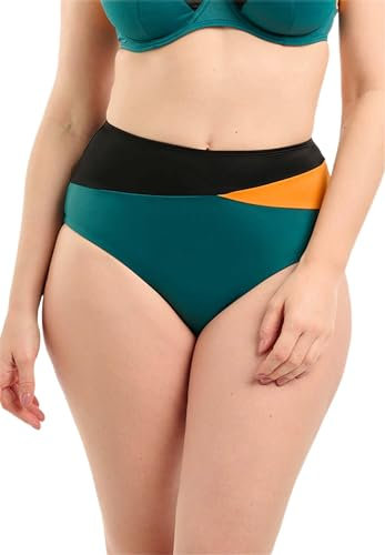 SANS COMPLEXE Beyond The Beach_68QAI74 Maillot de Bain, Culotte Taille Haute, Noir Vert Ocre, 38/40 Femme