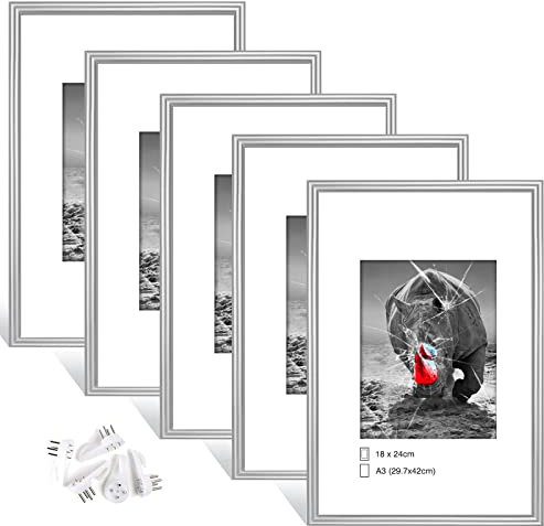 Dmyifan 5er Set Silber Fotorahmen, Bilderrahmen DIN A3(29,7 x 42cm), Plexi-Glas Portraitrahmen Mit Nahtloser Haken, Wohnzimmer zum Stellen und Hängen, Dekorahmen für Fotos Portrait Jubiläum