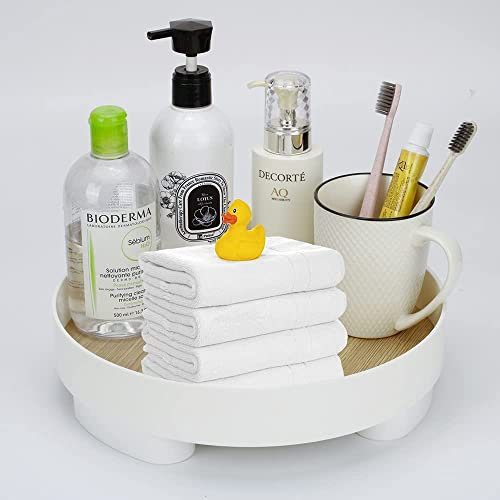 YIPUETERNITY Vanity Tray, Wooden Bathroom Storage Round Cosmetic Organizer Decorative tray with Base For Coffee Perfume Soap Towel Jewelry Makeup Serving Dish Dresser Home Decor