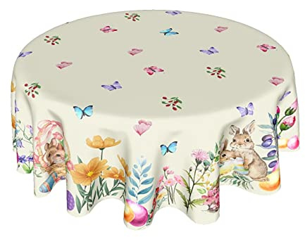 ABSOP Oster-Tischdecke, rund, 152 cm, Frühlingsblumen-Tischdecke, Bauernhaus, Hase, Oster-Tischdecke für Esszimmer, Küche, Urlaub, Picknick, Party, Innen- oder Außendekoration