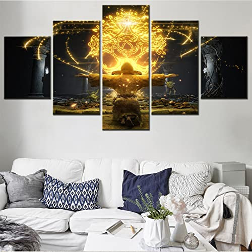 VEYEBZ 5 Stück Leinwandgemälde Wandkunst Elden Ring,Spielplakat HD Bild 5 Teiliges Leinwand Drucke 75×40cm Mit Rahmen Modulare Wandmalerei Abstraktes Poster Zimmer Dekoration Geschenk