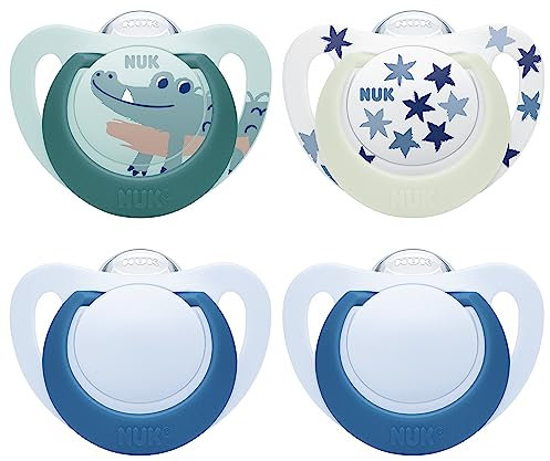 NUK Star Day & Night Babyschnuller | 18-36 Monate | Beruhigt 99 % der Babys | BPA-freie Silikonschnuller | Mit Leuchteffekt für einfaches Finden im Dunkeln | Krokodil | 4 Stück