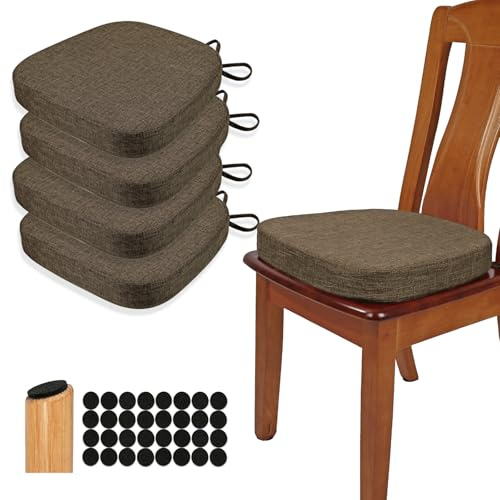 BUYUE Stuhlkissen 6,5 cm dick, U-Form Sitzkissen 40x40 cm mit hochdichtem Schaumstoff, Stoffbezug, rutschfestes Sitzpolster für Küche und Esszimmer (4 Stück, Braun)