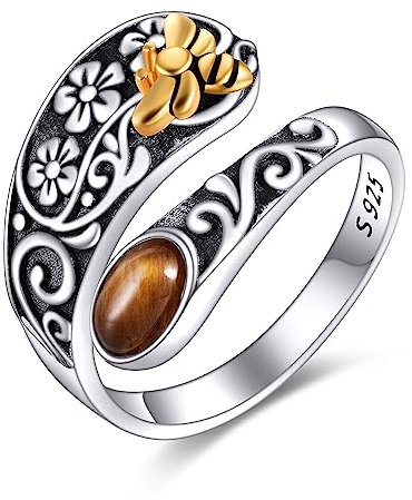POPLYKE Sterling Silver Amber Bee Flower Spoon Ring Vintage Thumb Rings Boho Adjustable Open Ring Statement Jewelry Gifts for Women
