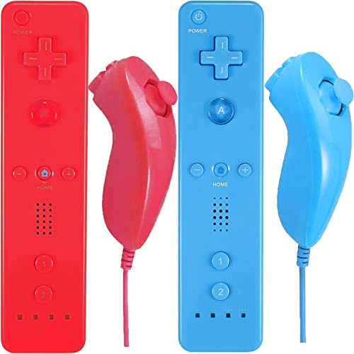 Mando a distancia Wii y Nunchuck, controladores inalámbricos compatibles con Wii/Wii U con funda de silicona y correa de muñeca (rojo y azul)