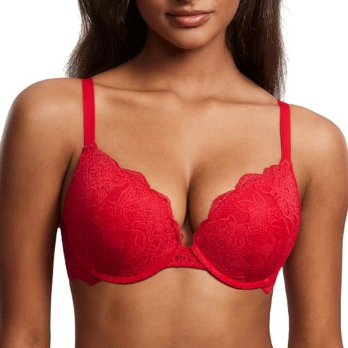 DOBREVA Reggiseno Donna Push Up in Pizzo con Ferretto Imbottito Plunge a Coppe Modellate Rossetto Rosso 5C