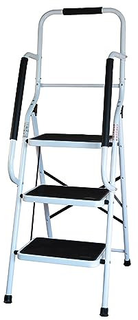 3 Step Safety Stepladder – White Foldable Decorating Platform Ladder with Wide Non-Slip Treads, Safety Handrail & Rubber Ferrules, Ideal for Cleaning & Home DIY – 150kg Capacity, H135 x W48 x D72cm