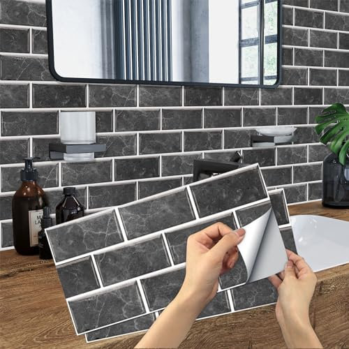 12 stück Fliesenaufkleber 15x30cm, BYLife Klebefliesen Vinyl Fliesen Selbstklebend Fliesenfolie PVC Metro Fliesen Küchenrückwand für Bad Küche