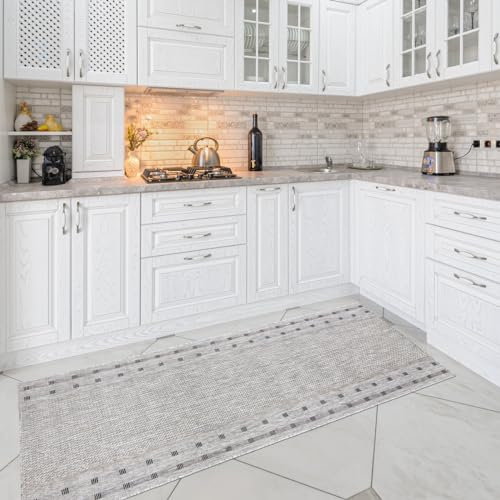 Mazovia Alfombra de Cocina - Efecto Sisal Alfombra Cocina - Alfombra Pelo Corto - Certificado Oeko-Tex - Alfombra para Cocina Balcón Terraza - In-& Outdoor - Cuidado fácil - Gris Plata 70x100 cm