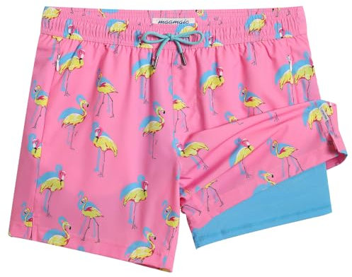 maamgic Maillot de Bain pour Hommes avec Compression Short de Bain 2 en 1 | 5.5 Séchage Rapide Short de Natation décontracté Boardshorts avec Pantalon intérieur et Poche,Flamant Rose Bleu Jaune,M