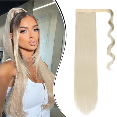 Dcbaboo Pferdeschwanz Haarteil Zopf Extensions Glatt Lang 55cm Gewickelt Ponytail Extension Haarverlängerung Zopf Clip in Synthetik Gerade Pferdeschwanz Extension Kunsthaar, Hellblond