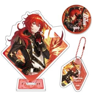 3-teiliges Genshin Impact Themen-Geschenkbox-Set mit Stand-up-Marken-Schlüsselanhänger-Abzeichen für Fans, Diluc, Einheitsgröße