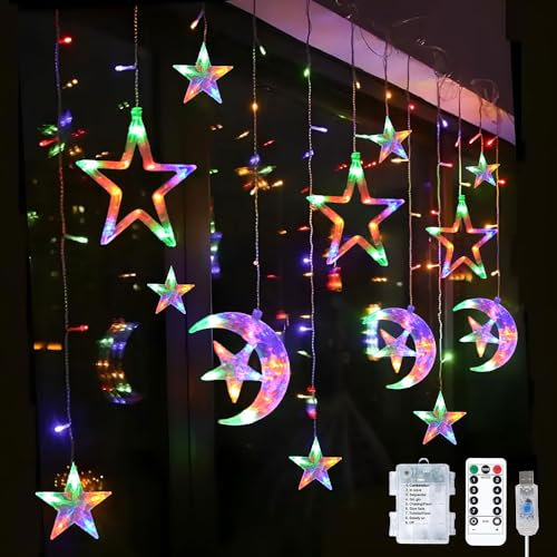 Sunshine smile Lichterkette Mond Sterne,Ramadan Licht Stern Mond Lichterketten,138 LED Star Moon Vorhang Lichterkette,8 Modi Lichtervorhang USB & Batterie Betriebene mit Fernbedienung