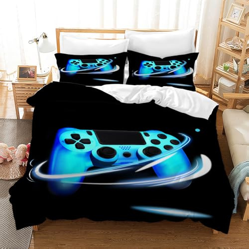 Leleyouzer 3D Kinder Gamepad Bettwäsche Set,Modern Gamer Bettwäsche Jungen,1 Mikrofaser-Bettbezug mit Reißverschluss und 2 Kopfkissenbezüge 50 x 75 cm (Gamer 1, 135×200 cm)