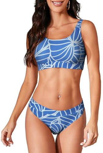 iSLASISIA Damen Sport Badeanzüge Zweiteiliger Crop Top Gerippter Bikini mit frechem Unterteil(Blaues Netz,EU42)